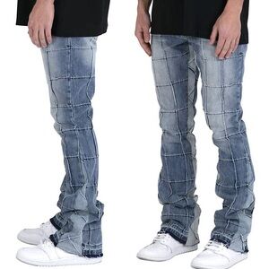 MNML TOKYO FRAYED HEM WINDOW PANE STACKED BUTTON FLY 5 POCKET JEANS SIZE 31X34